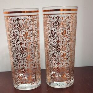 Elegant Vintage MCM Copper-colored Moroccan Patterned Glass Tumbler Highball Set